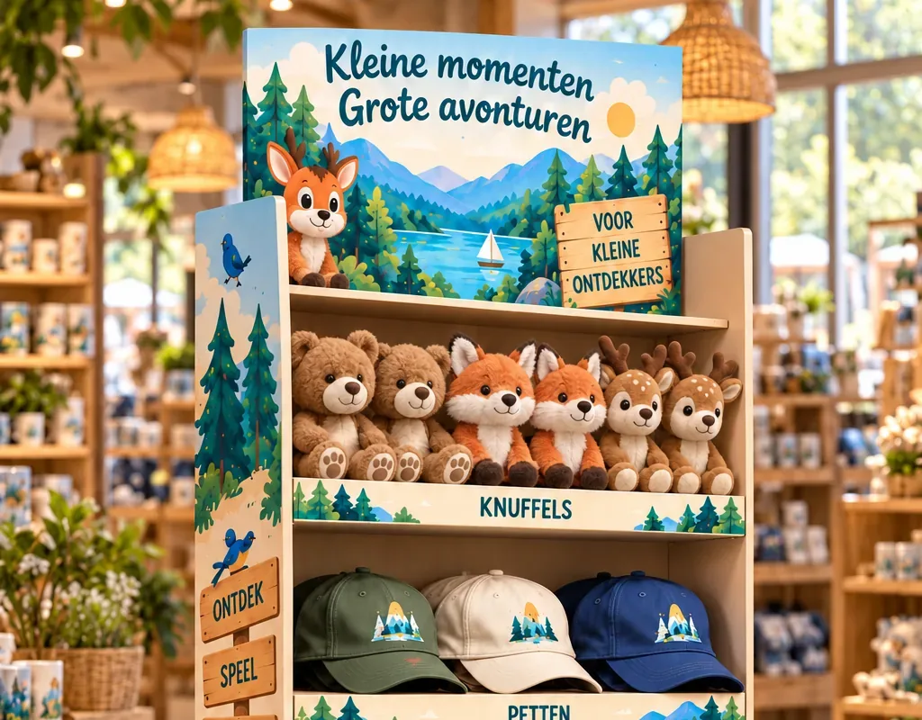 Verkoopdisplay op maat, gevuld met bedrukte merchandise